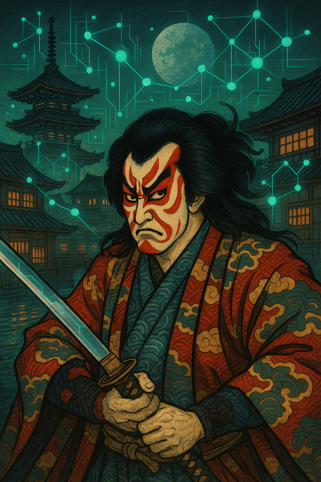 A samurai depicted on the graph background